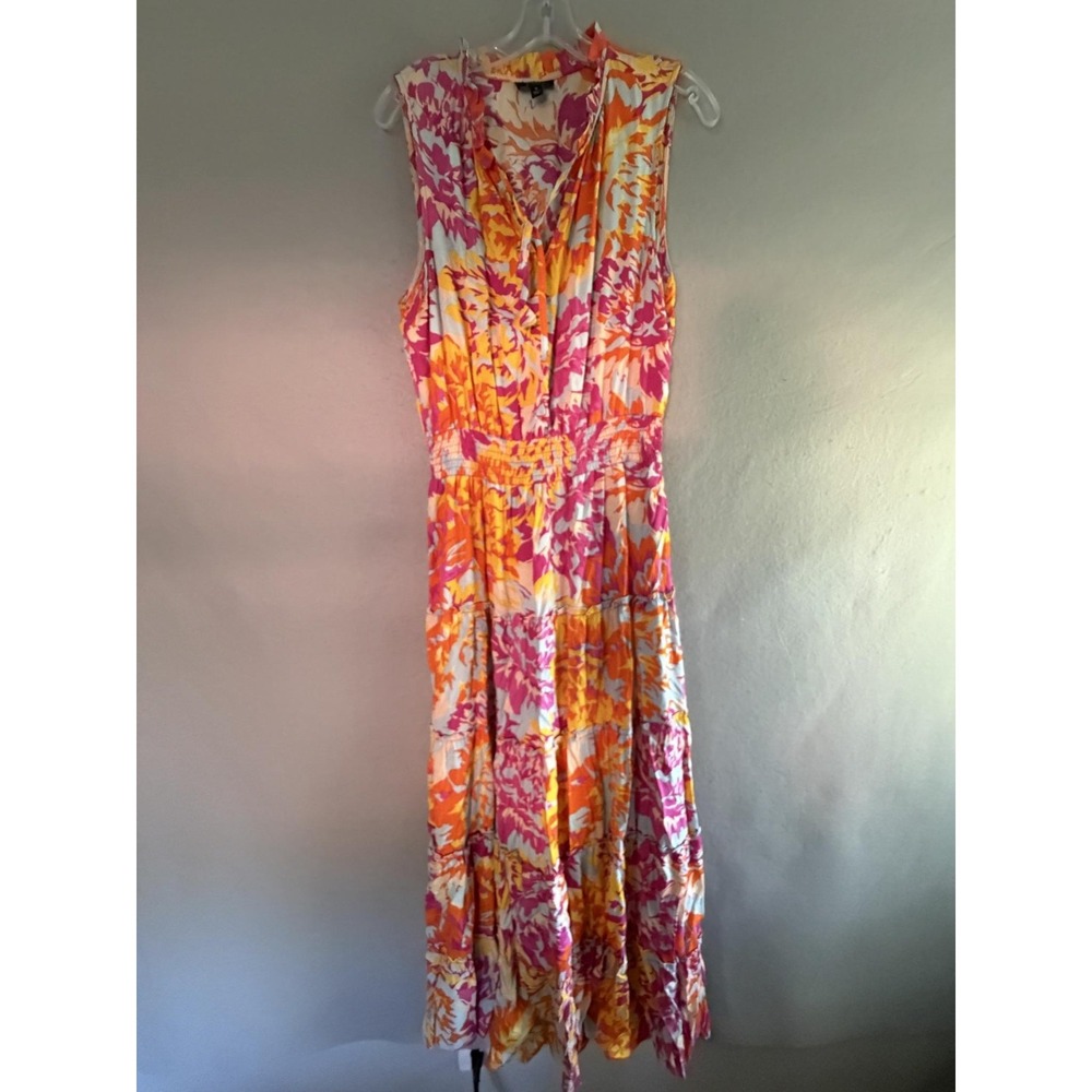 MSK Dress Womens M Multicolor Floral V Neck Sleeveless Maxi Rayon Ruffle Tiered
